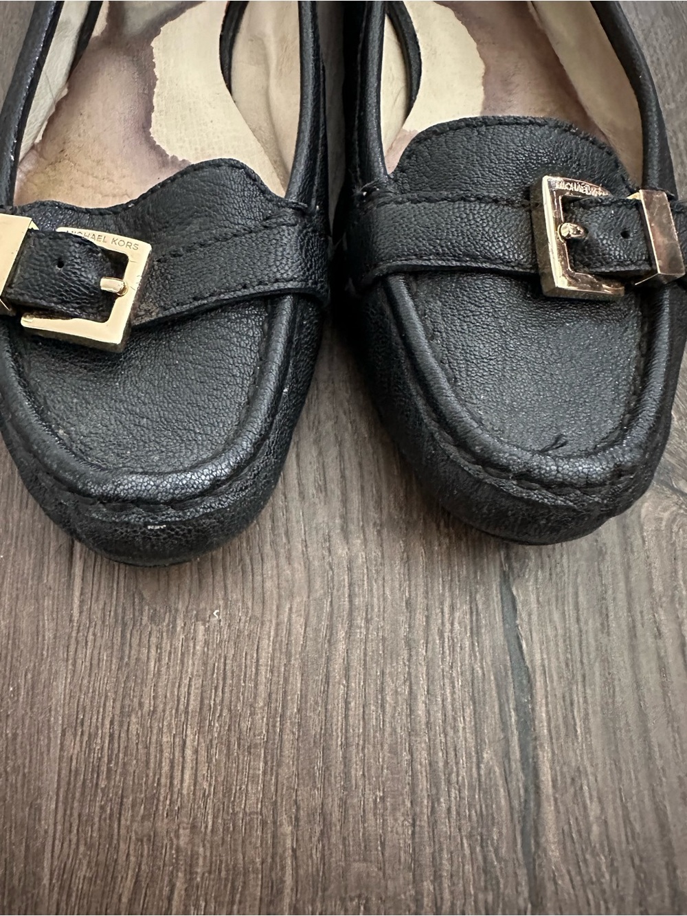 Michael Kors Black Leather Loafers with Gold Buckle Detail - Picture 8 of 12